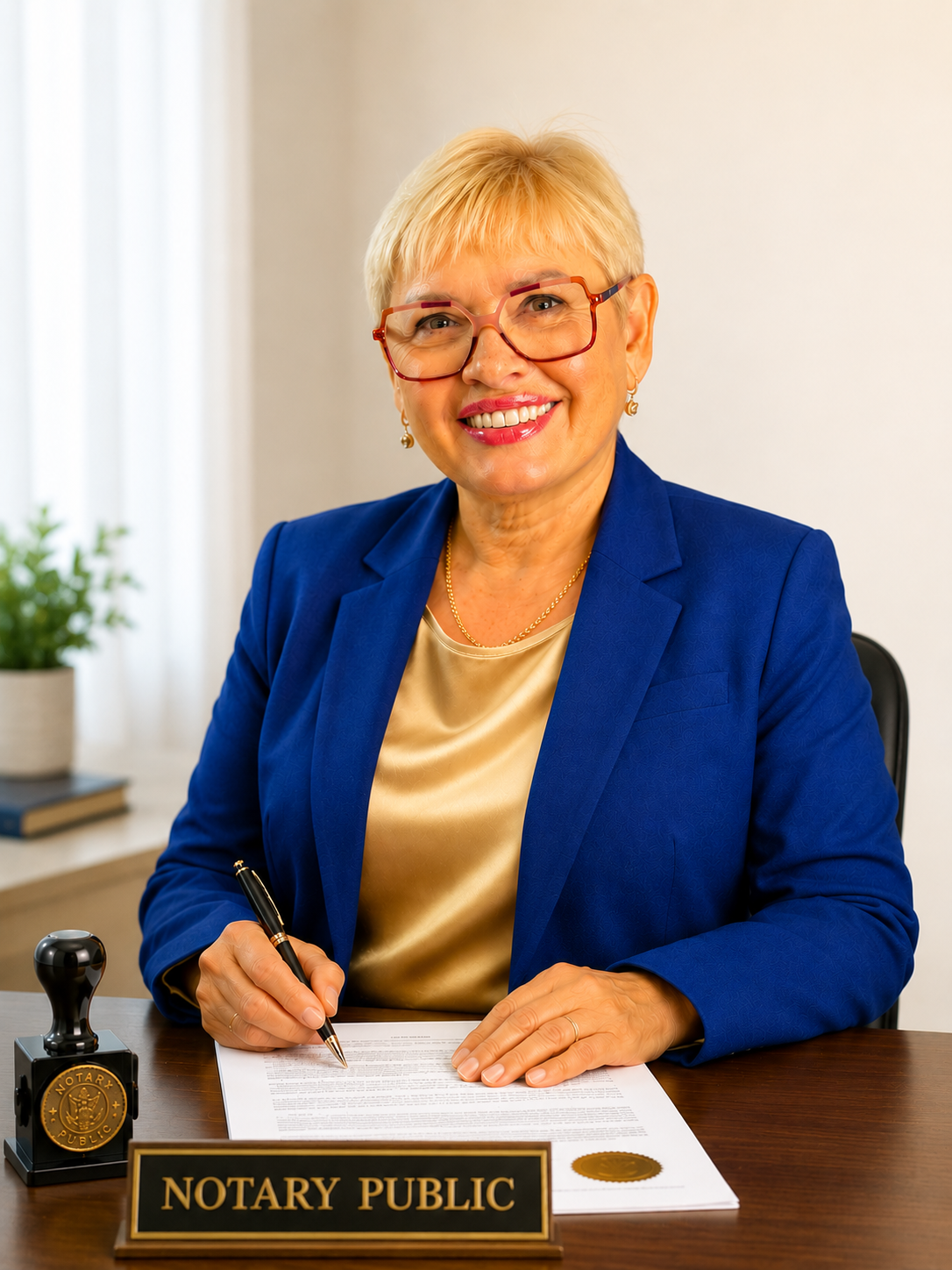 Olga, Florida State Commissioned Notary Public, signing a document at her desk